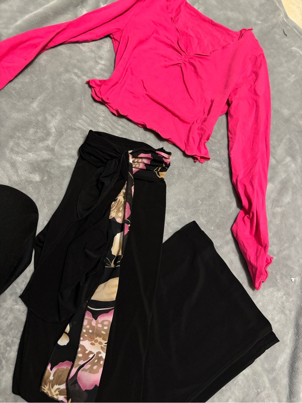 Women's Hot Pink Long Sleeve Top & Black Wide-Leg Pants Set